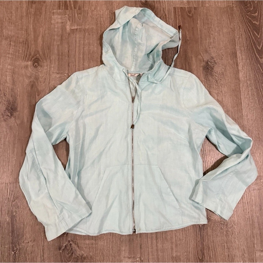 Edward Mint Green Women's Top Long Sleeve M Linen Hood Zip Front